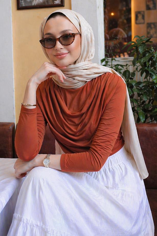 Hijab clothing BROWN COWL NECK BLOUSE T 4094 - TRENDTESETTÜR
