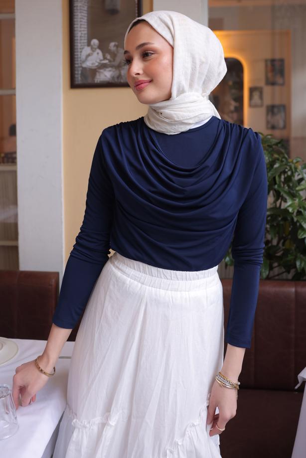Tesettür giyim LACİVERT DEGAJE YAKA BLUZ T 4094 - TRENDTESETTÜR