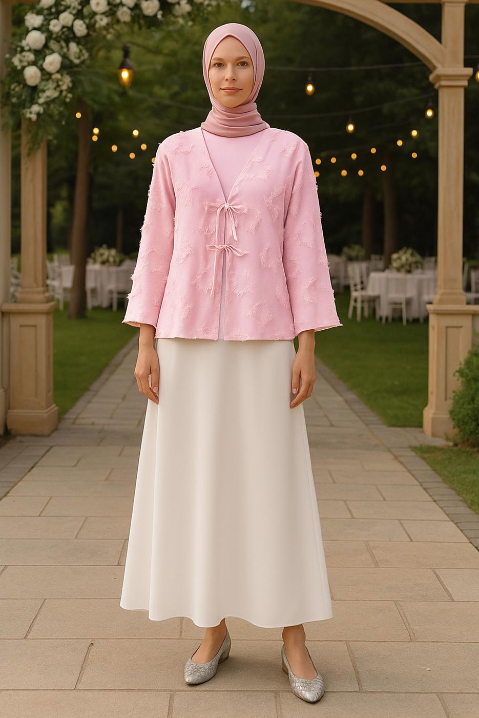 Tesettür giyim PEMBE BAĞCIKLI KİMONO T 0332