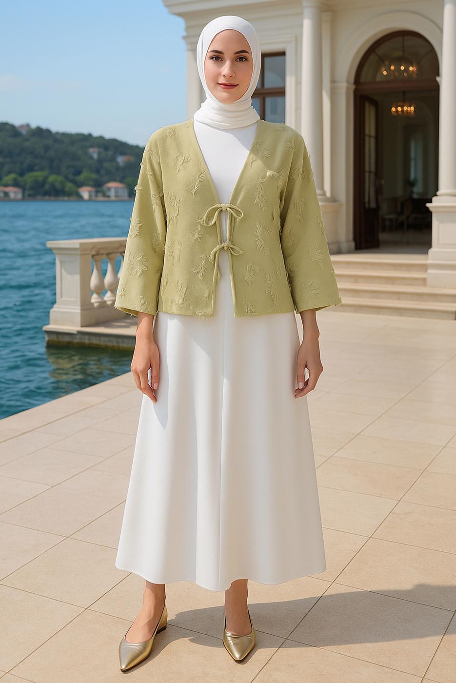 Tesettür giyim YEŞİL BAĞCIKLI KİMONO T 0332