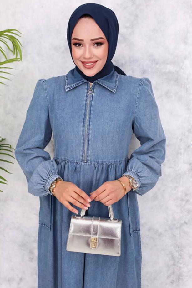 Vêtements hijab BLEU ROBE EN JEAN DE COTON T 028 - TRENDTESETTÜR