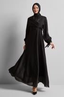 Tesettür giyim SİYAH BÜZGÜ DETAYLI ABİYE ELBİSE T 0226