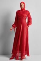 Tesettür giyim KIRMIZI BÜZGÜ DETAYLI ABİYE ELBİSE T 0226