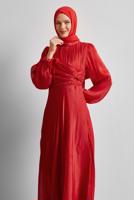 Tesettür giyim KIRMIZI BÜZGÜ DETAYLI ABİYE ELBİSE T 0226