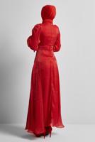 Tesettür giyim KIRMIZI BÜZGÜ DETAYLI ABİYE ELBİSE T 0226