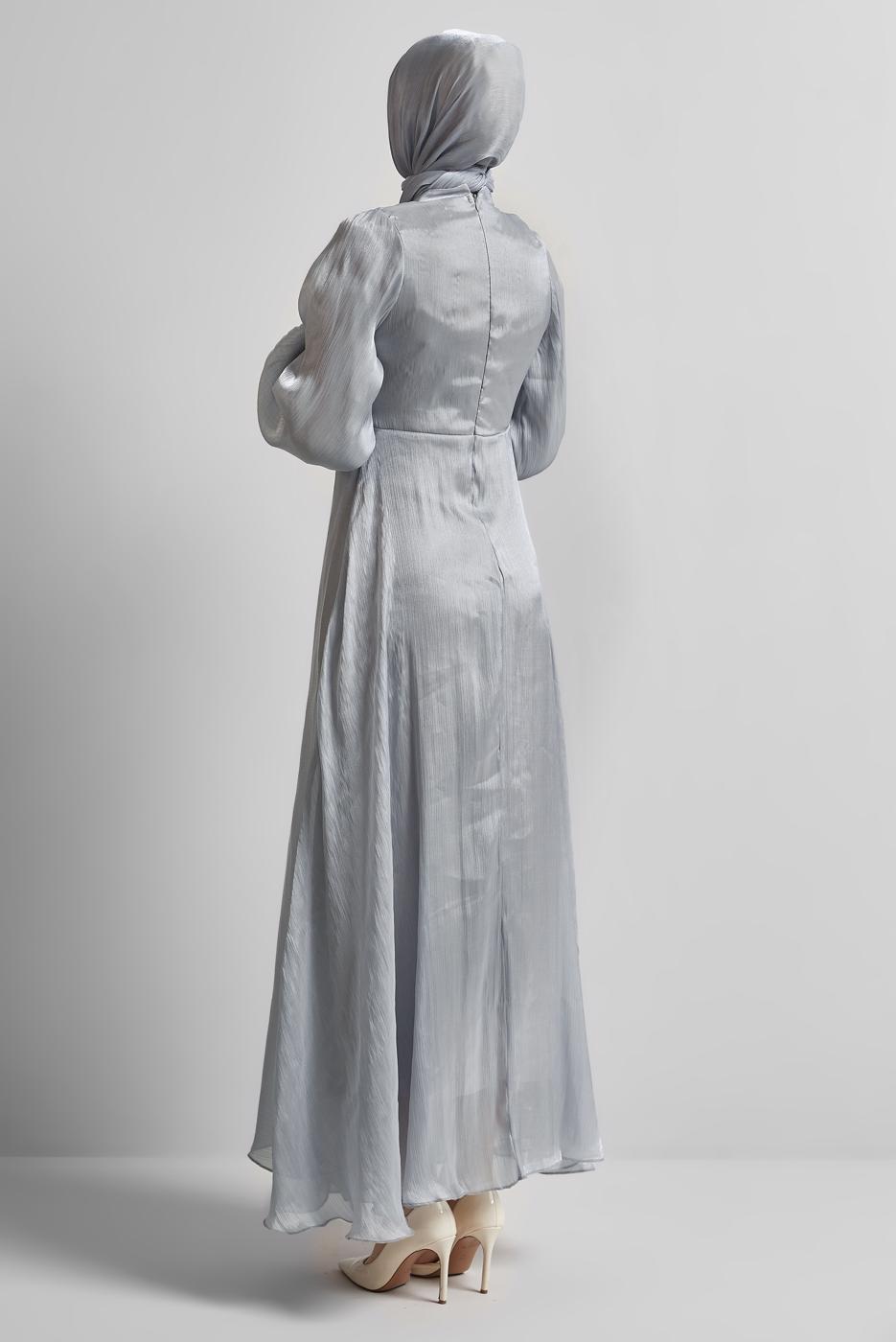 Vêtements hijab GRIS ROBE DE SOIRÉE DÉTAILLÉE SMOCKÉE T 0226