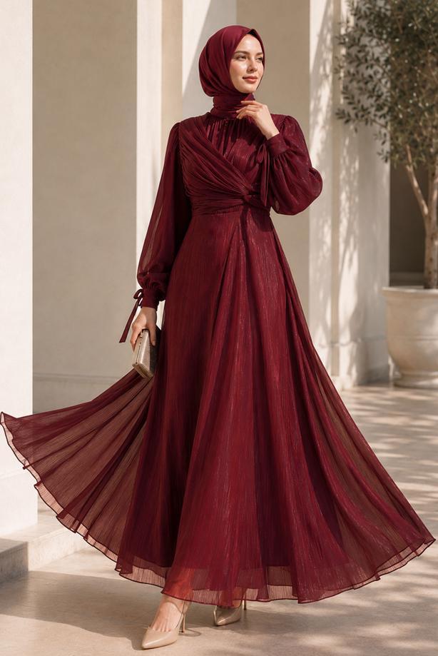 Hijab clothing CLARET RED SMOCKING DETAILED EVENING DRESS T 0226 - TRENDTESETTÜR