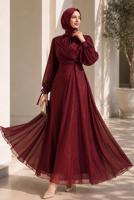 Hijab clothing CLARET RED SMOCKING DETAILED EVENING DRESS T 0226