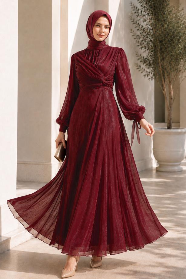 Hijab clothing CLARET RED SMOCKING DETAILED EVENING DRESS T 0226 - TRENDTESETTÜR