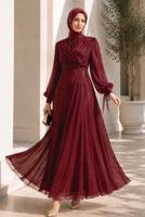 Hijab clothing CLARET RED SMOCKING DETAILED EVENING DRESS T 0226