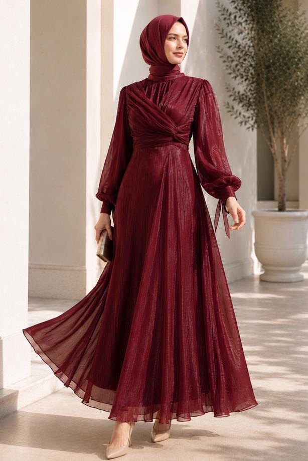 Hijab clothing CLARET RED SMOCKING DETAILED EVENING DRESS T 0226 - TRENDTESETTÜR