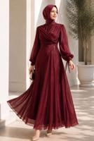 Hijab clothing CLARET RED SMOCKING DETAILED EVENING DRESS T 0226
