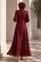 Hijab clothing CLARET RED SMOCKING DETAILED EVENING DRESS T 0226
