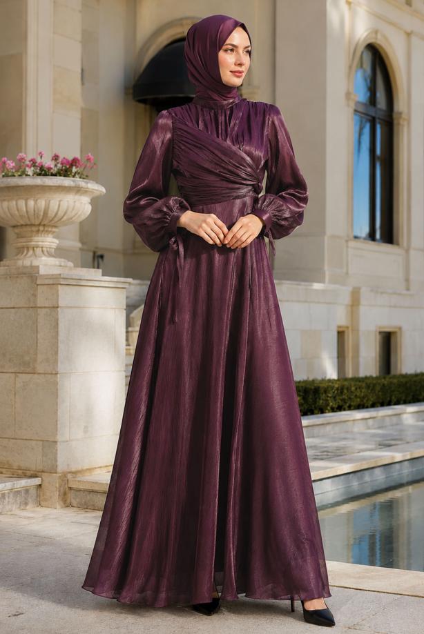 Tesettür giyim MÜRDÜM BÜZGÜ DETAYLI ABİYE ELBİSE T 0226 - TRENDTESETTÜR
