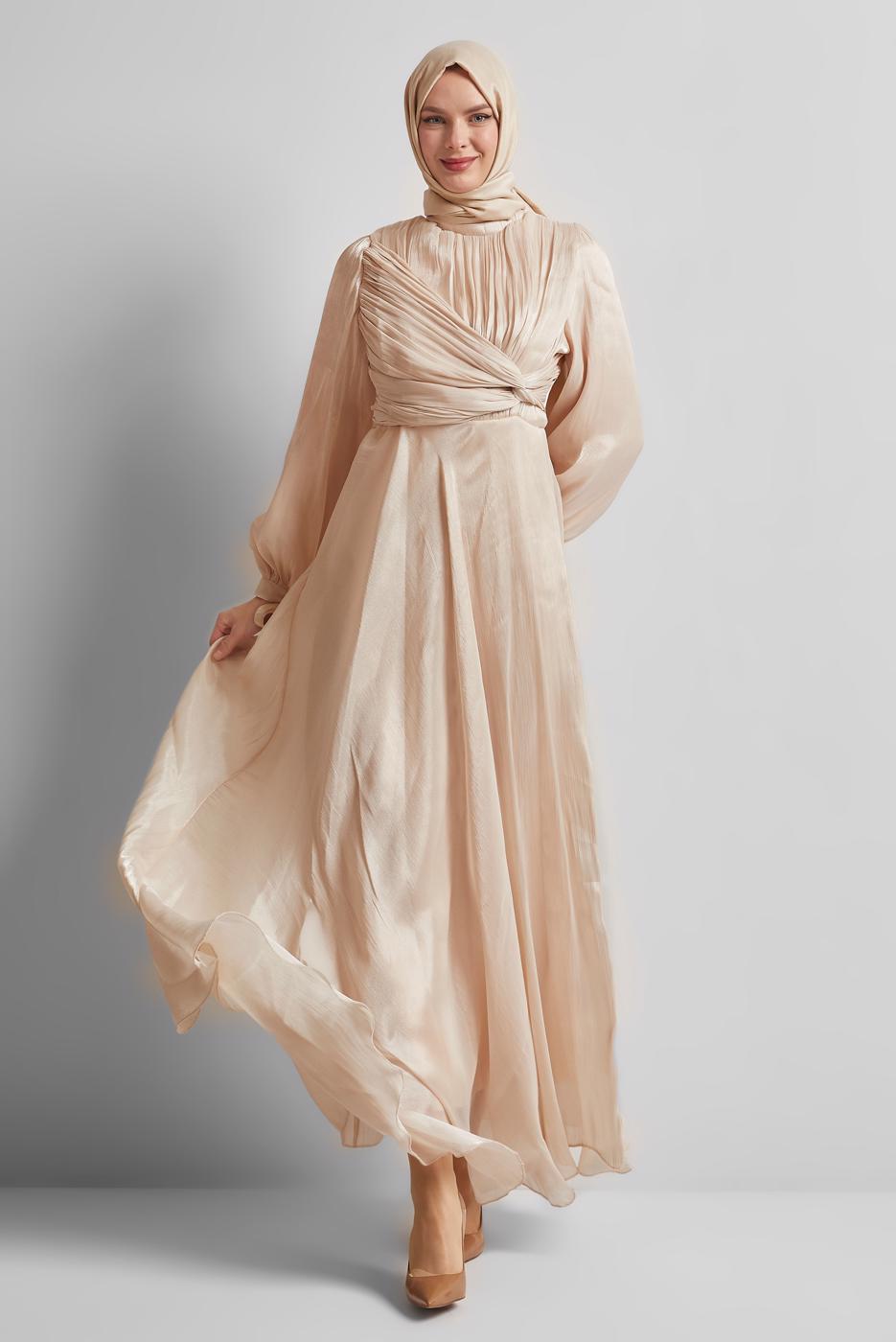 Hijab clothing ECRU SMOCKING DETAILED EVENING DRESS T 0226