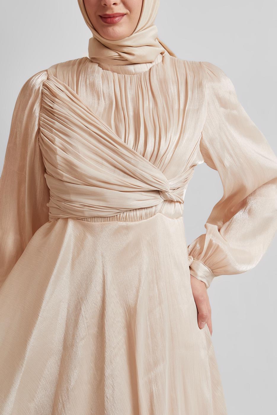 Hijab clothing ECRU SMOCKING DETAILED EVENING DRESS T 0226