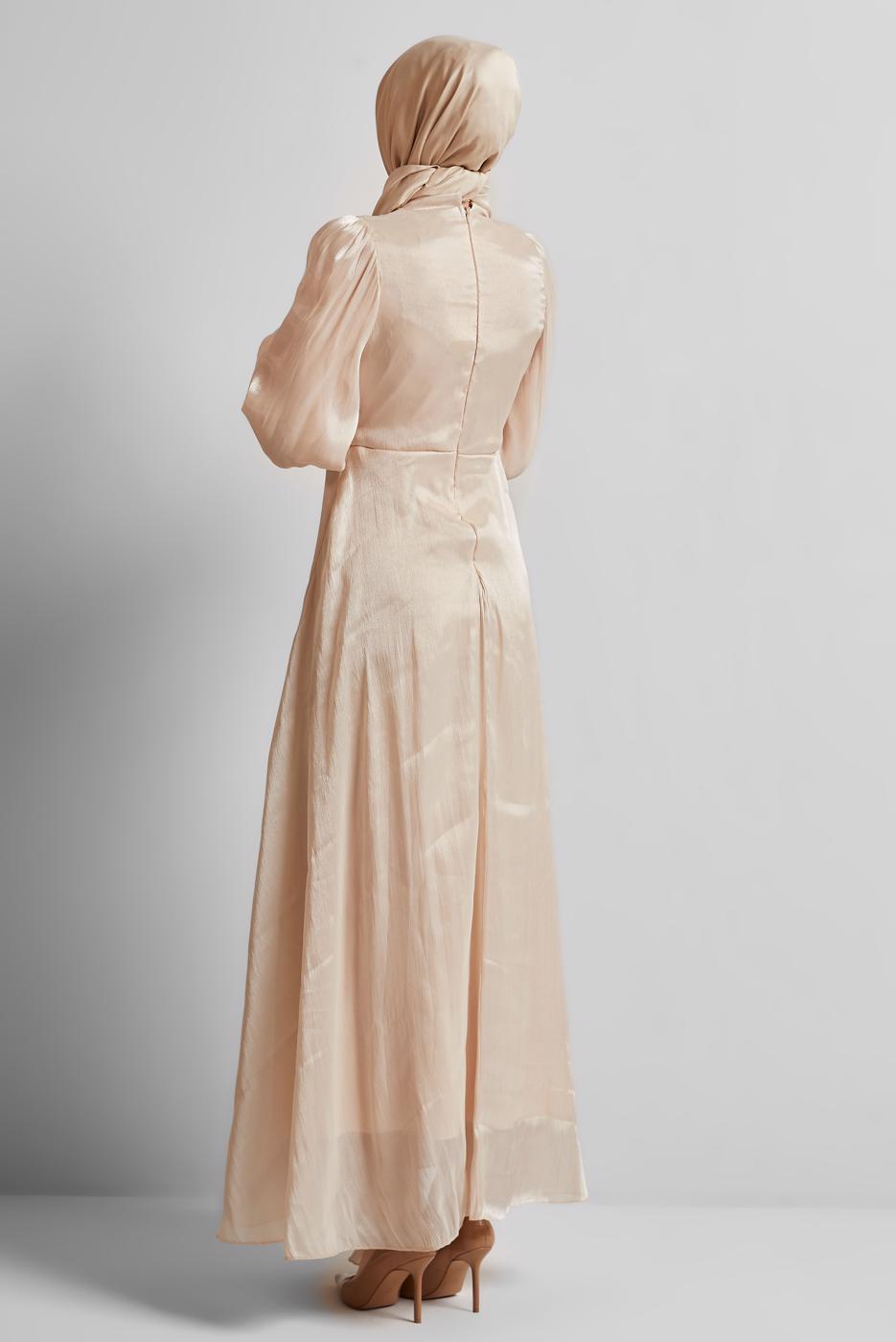 Hijab clothing ECRU SMOCKING DETAILED EVENING DRESS T 0226