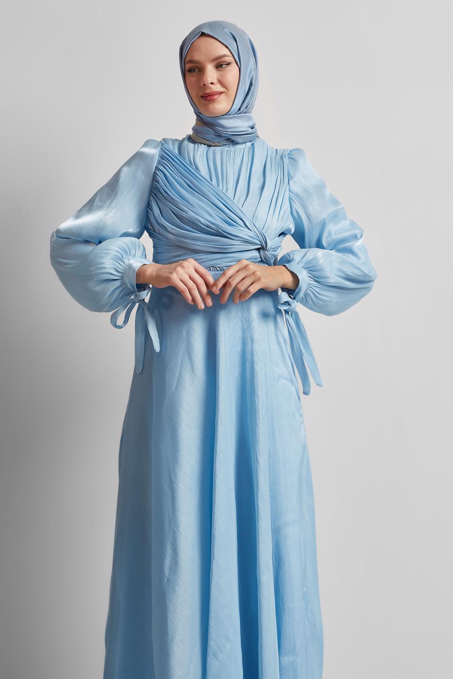 Vêtements hijab BLEU ROBE DE SOIRÉE DÉTAILLÉE SMOCKÉE T 0226
