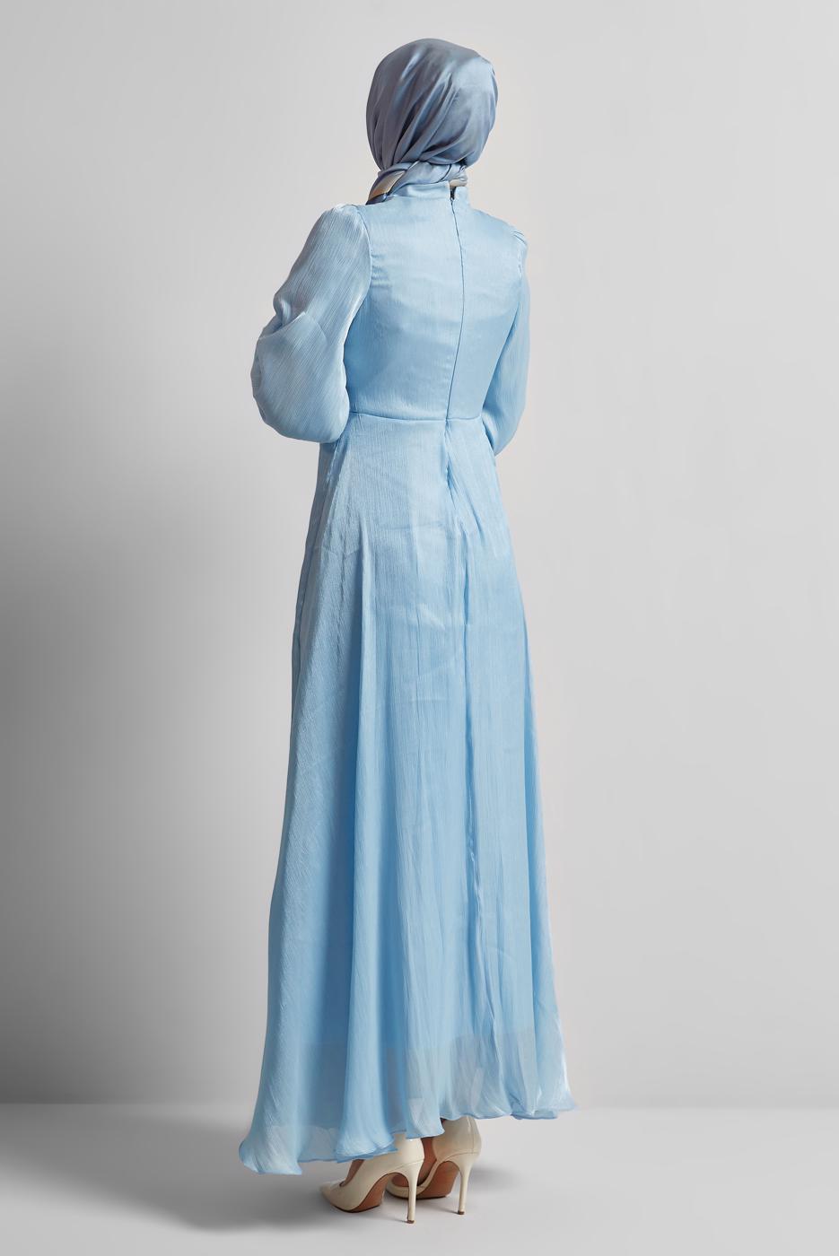 Vêtements hijab BLEU ROBE DE SOIRÉE DÉTAILLÉE SMOCKÉE T 0226