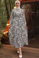 Tesettür giyim BEYAZ KUŞAKLI DESENLİ ELBİSE T 254