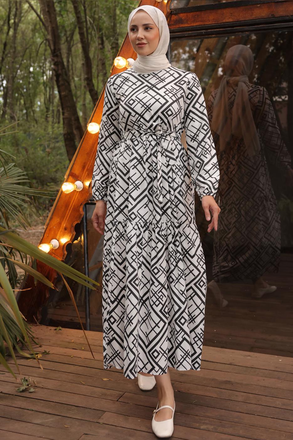 Tesettür giyim BEYAZ KUŞAKLI DESENLİ ELBİSE T 254