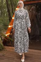 Tesettür giyim BEYAZ KUŞAKLI DESENLİ ELBİSE T 254