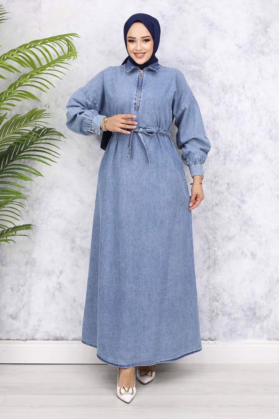 Vêtements hijab BLEU ROBE À TAILLE SMOCKÉE T 528