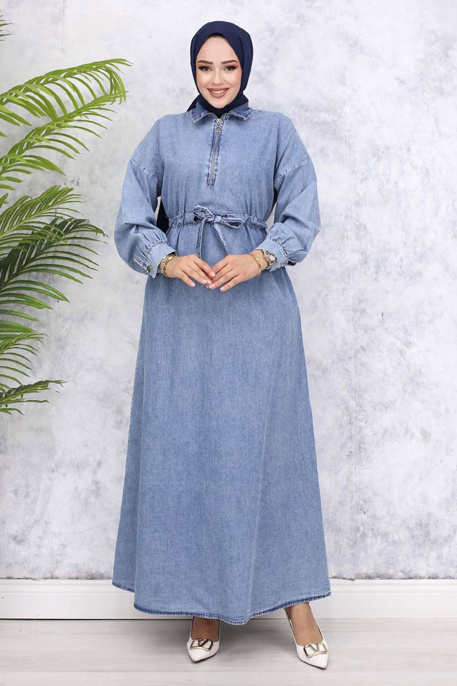 Vêtements hijab BLEU ROBE À TAILLE SMOCKÉE T 528