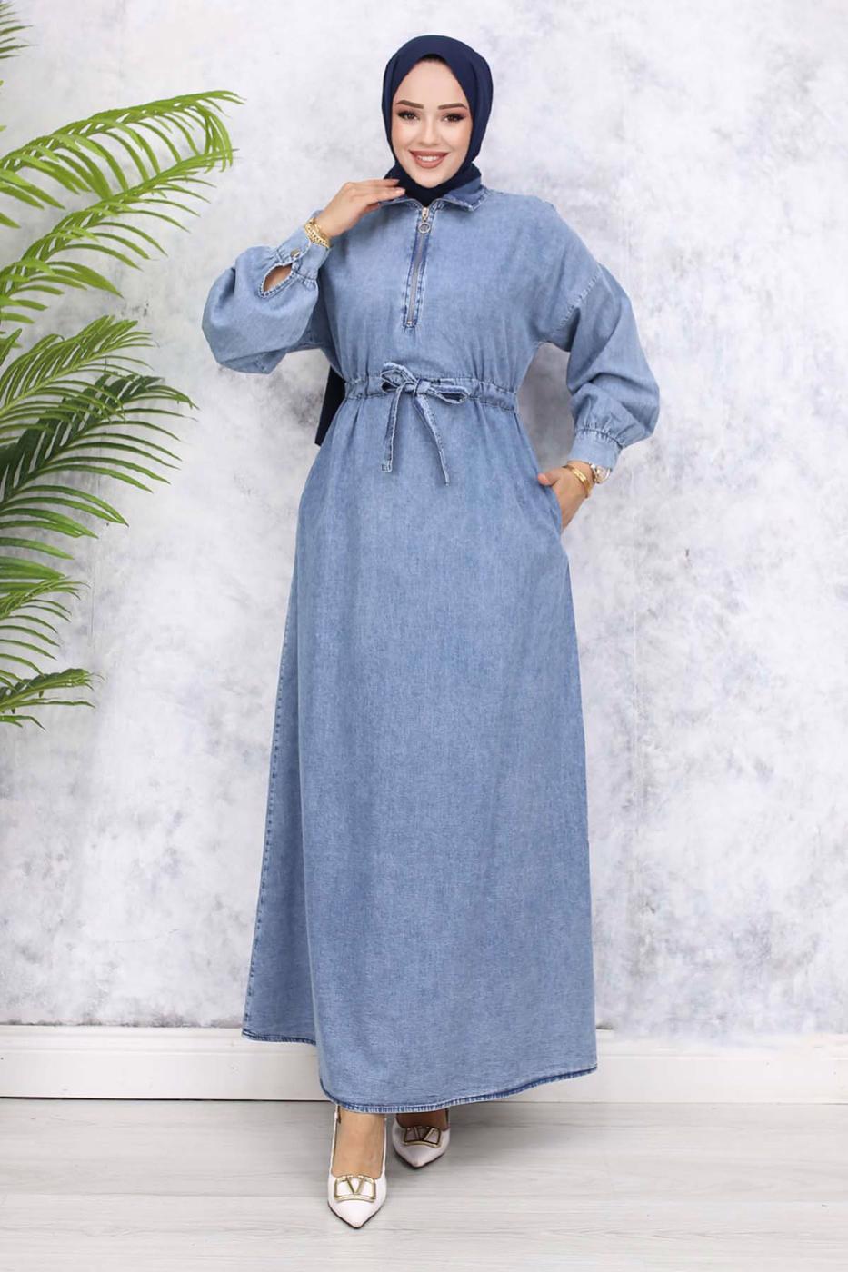 Vêtements hijab BLEU ROBE À TAILLE SMOCKÉE T 528