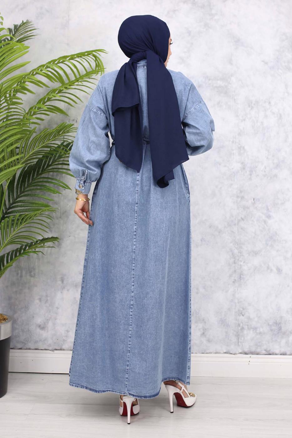 Vêtements hijab BLEU ROBE À TAILLE SMOCKÉE T 528