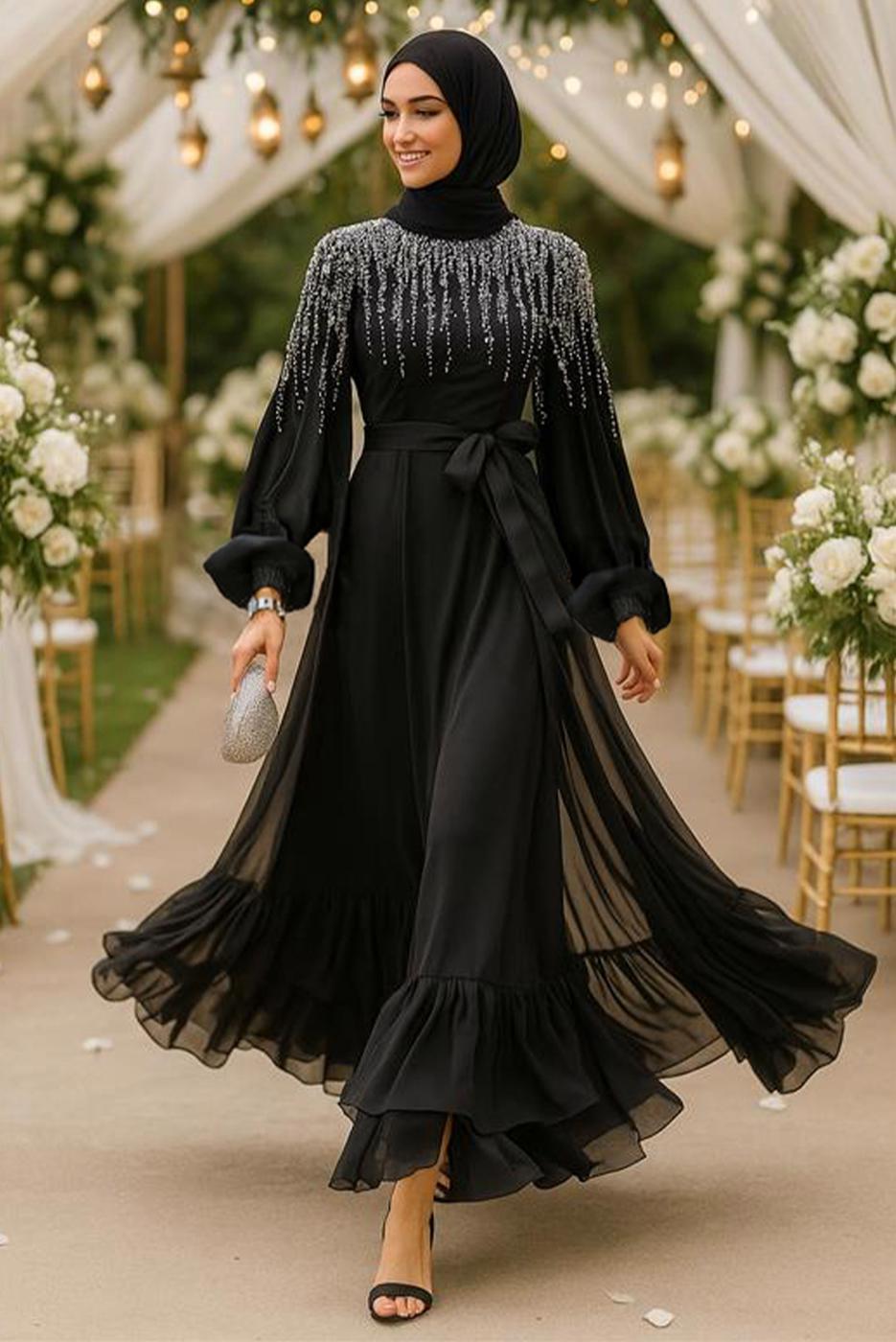 Tesettür giyim SİYAH İNCİ İŞLEMELİ ABİYE ELBİSE T 0812