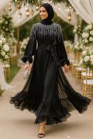 Tesettür giyim SİYAH İNCİ İŞLEMELİ ABİYE ELBİSE T 0812