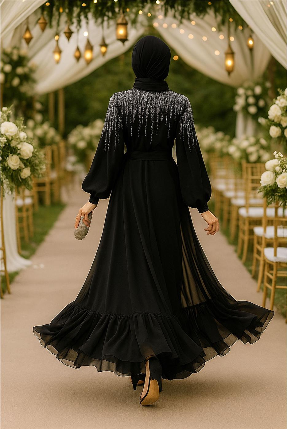 Tesettür giyim SİYAH İNCİ İŞLEMELİ ABİYE ELBİSE T 0812