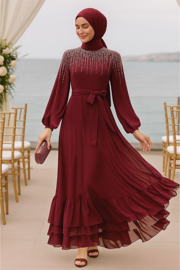 Tesettür giyim BORDO İNCİ İŞLEMELİ ABİYE ELBİSE T 0812 - TRENDTESETTÜR