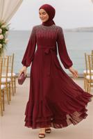 Vêtements hijab ROUGE BORDEAUX ROBE DE SOIRÉE DÉTAILLÉE DE PERLES T 0812