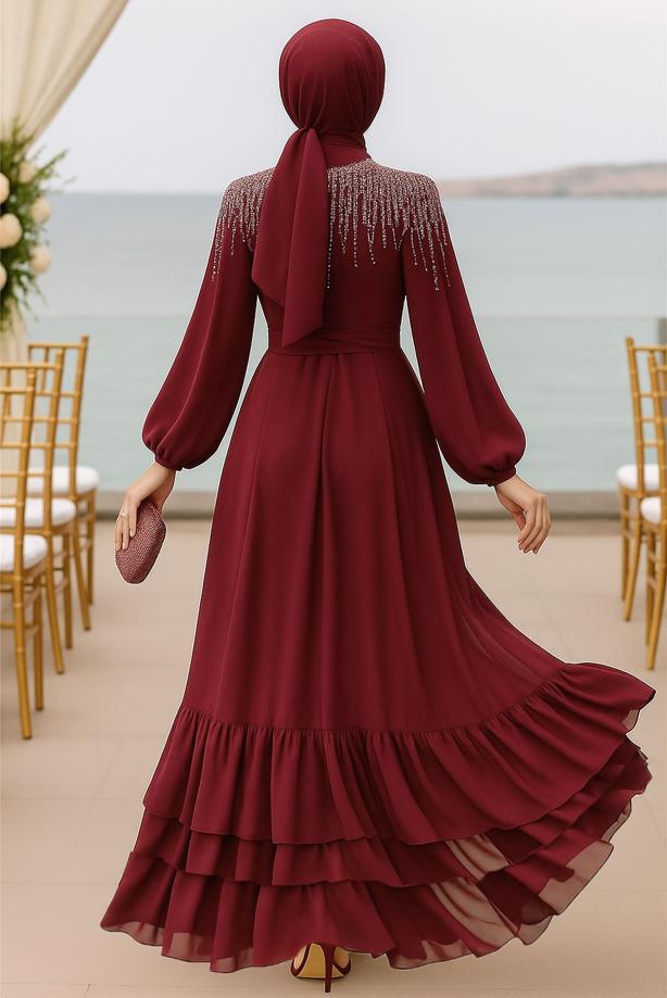 Tesettür giyim BORDO İNCİ İŞLEMELİ ABİYE ELBİSE T 0812 - TRENDTESETTÜR