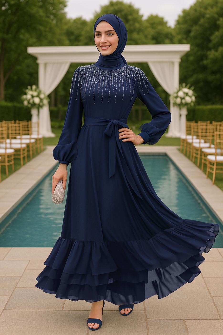 Tesettür giyim LACİVERT İNCİ İŞLEMELİ ABİYE ELBİSE T 0812