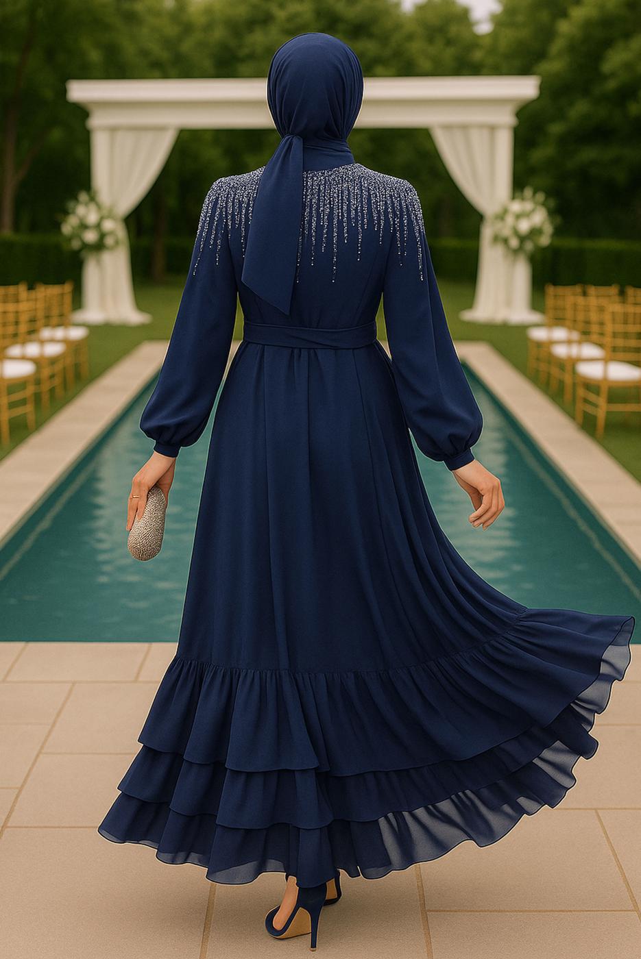 Tesettür giyim LACİVERT İNCİ İŞLEMELİ ABİYE ELBİSE T 0812