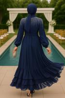 Tesettür giyim LACİVERT İNCİ İŞLEMELİ ABİYE ELBİSE T 0812