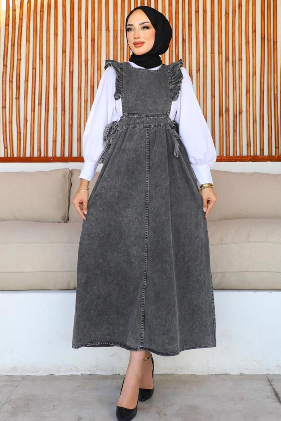 Tesettür giyim SİYAH FIRFIR DETAYLI JİLE ELBİSE T 0902