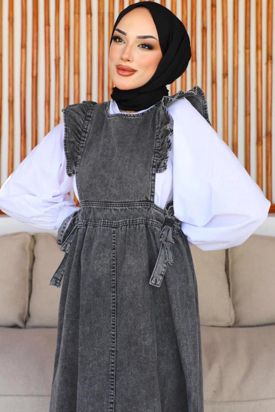 Tesettür giyim SİYAH FIRFIR DETAYLI JİLE ELBİSE T 0902