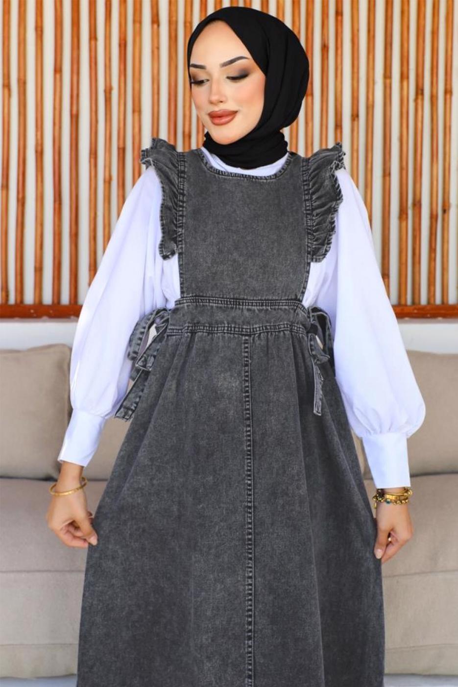 Tesettür giyim SİYAH FIRFIR DETAYLI JİLE ELBİSE T 0902