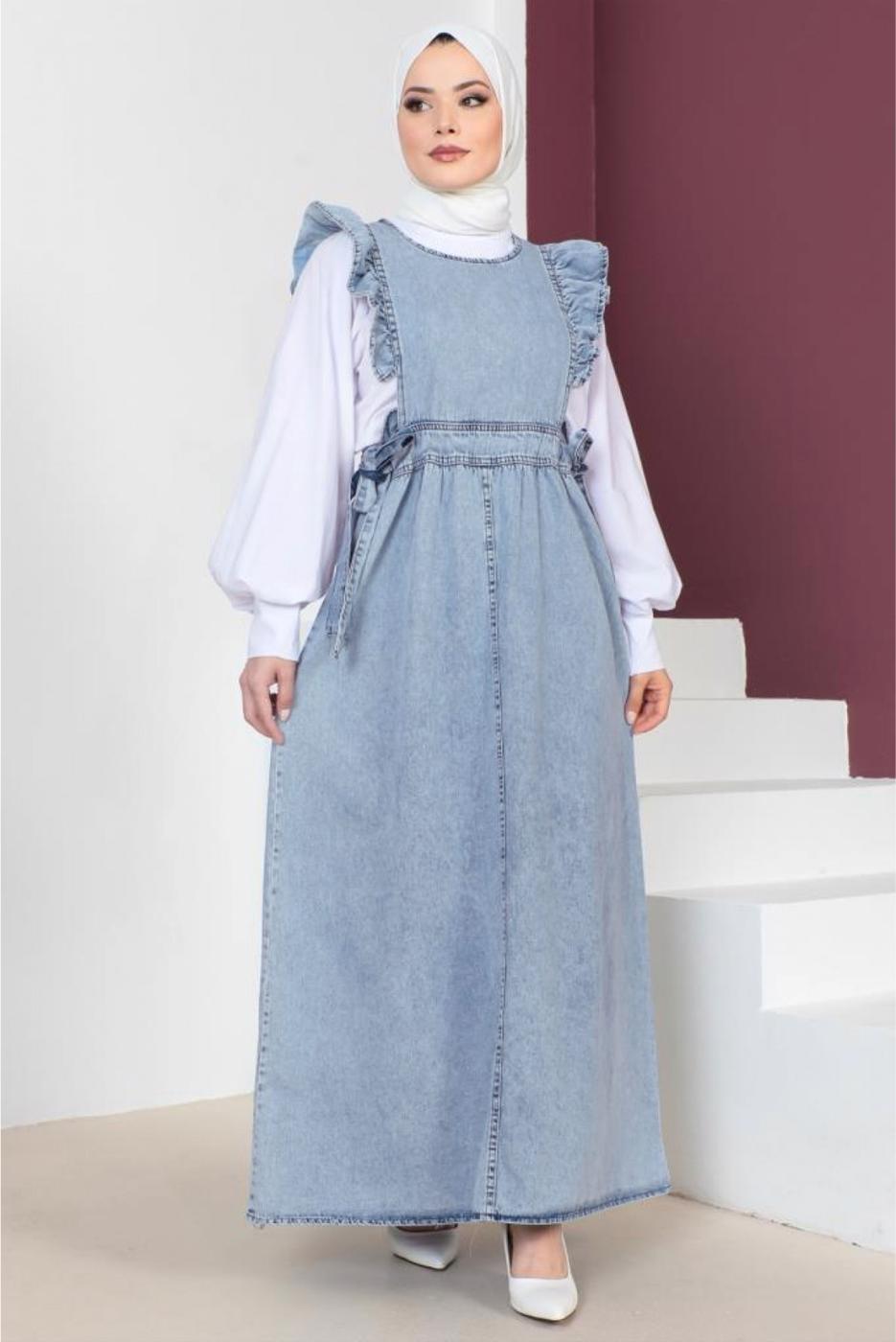 Tesettür giyim MAVİ FIRFIR DETAYLI JİLE ELBİSE T 0902