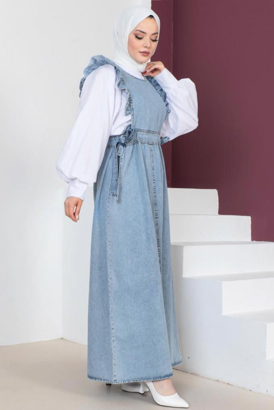 Tesettür giyim MAVİ FIRFIR DETAYLI JİLE ELBİSE T 0902