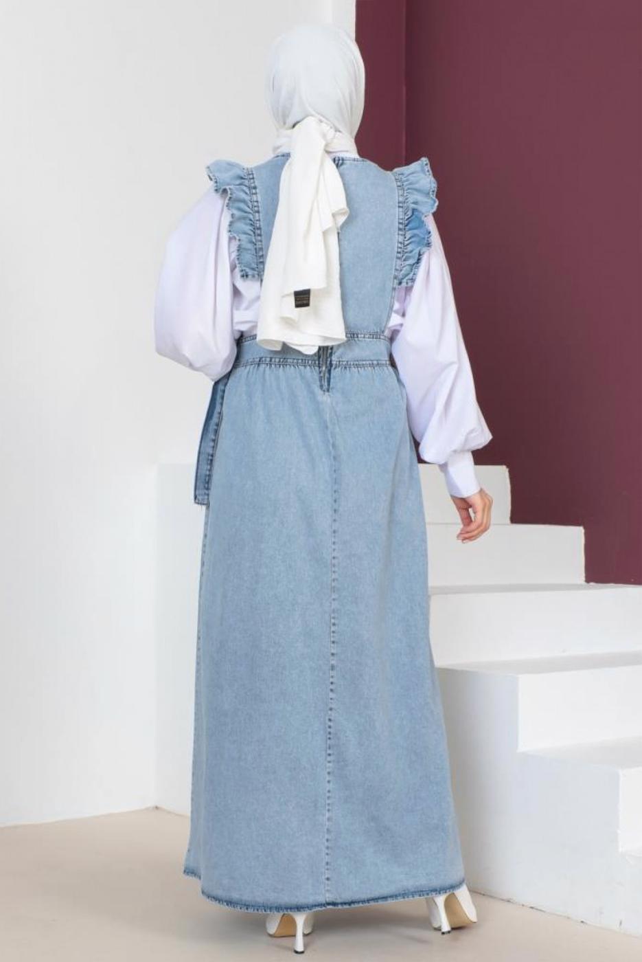 Tesettür giyim MAVİ FIRFIR DETAYLI JİLE ELBİSE T 0902