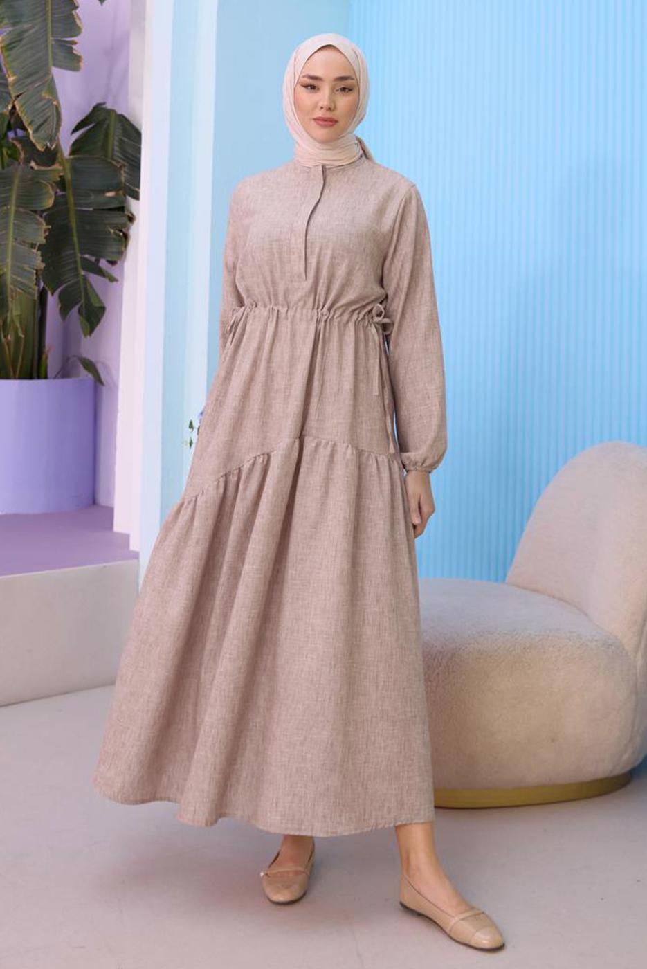 Tesettür giyim VİZON BELİ BÜZGÜLÜ ELBİSE T 15542