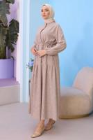 Tesettür giyim VİZON BELİ BÜZGÜLÜ ELBİSE T 15542