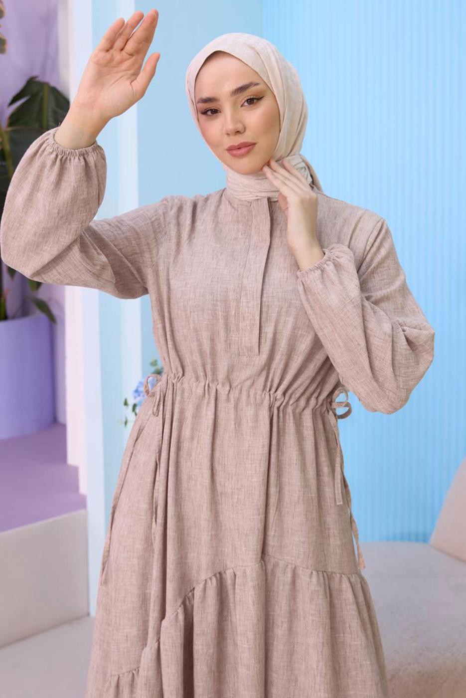 Tesettür giyim VİZON BELİ BÜZGÜLÜ ELBİSE T 15542