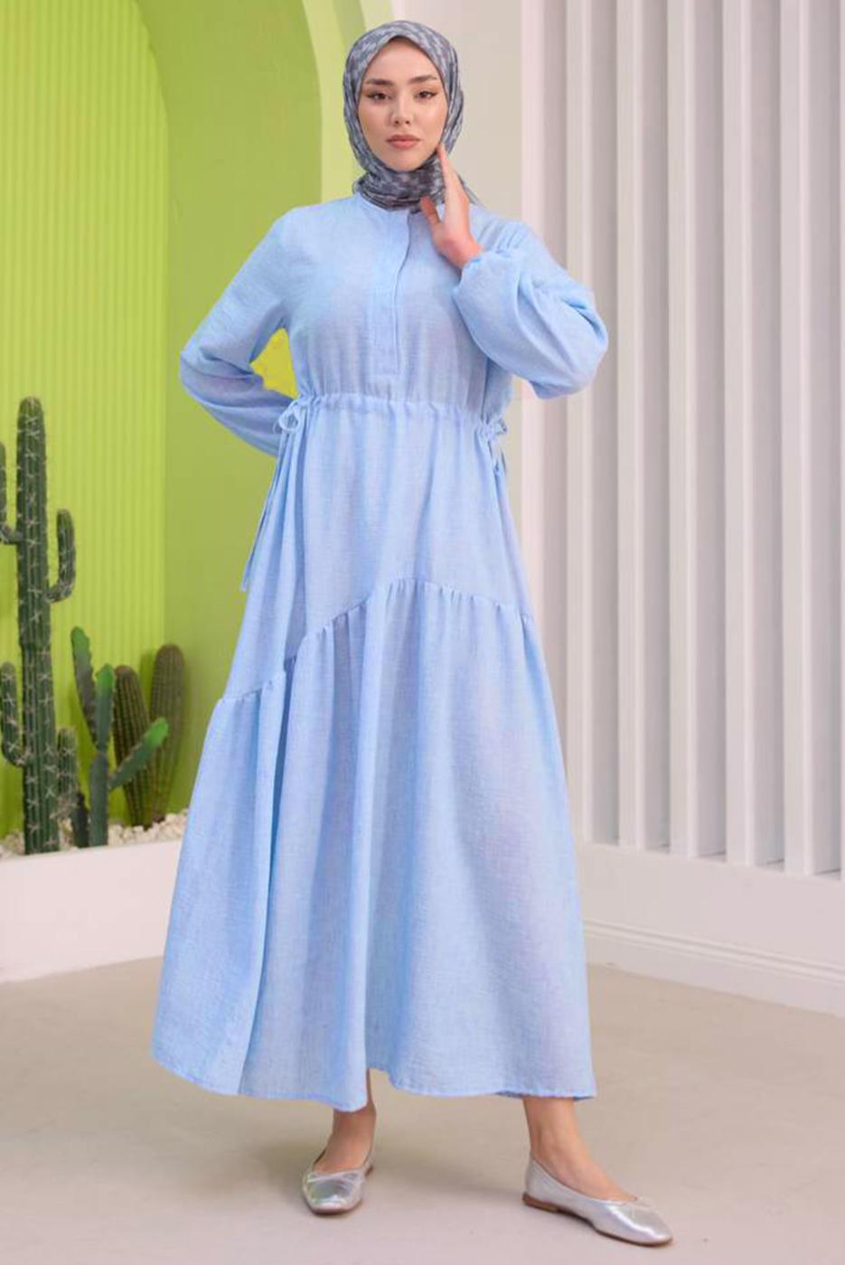 Tesettür giyim MAVİ BELİ BÜZGÜLÜ ELBİSE T 15542
