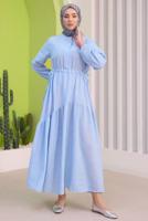 Tesettür giyim MAVİ BELİ BÜZGÜLÜ ELBİSE T 15542